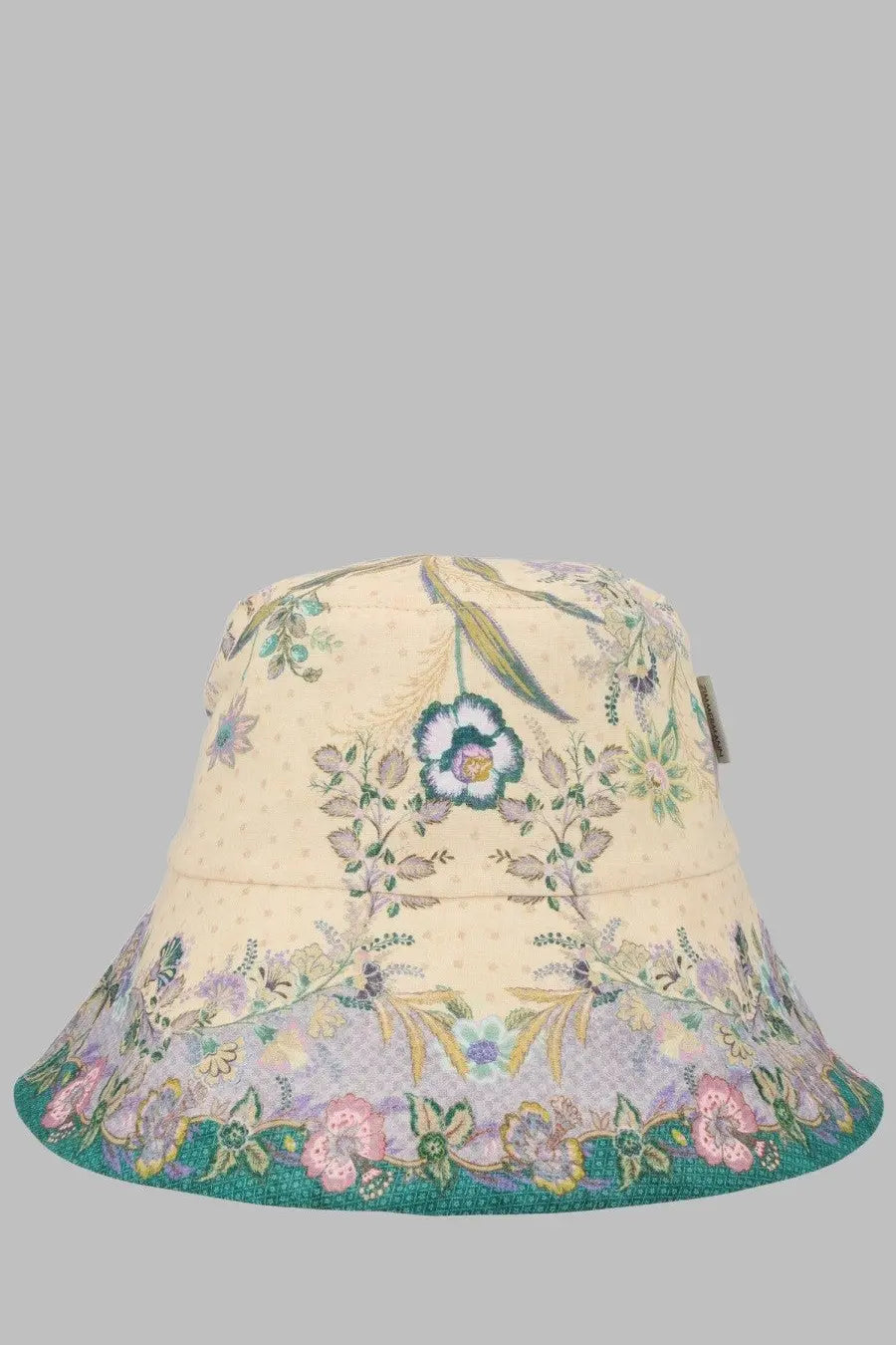 Zimmermann women’s cappello cream bucket hat with floral pattern in soft purples blues greens and teal brim trim