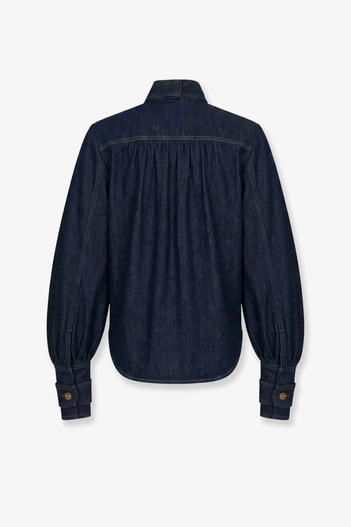Zimmermann women’s cargo denim shirt blue in dark blue with gathered back and buttoned cuffs shown from the back