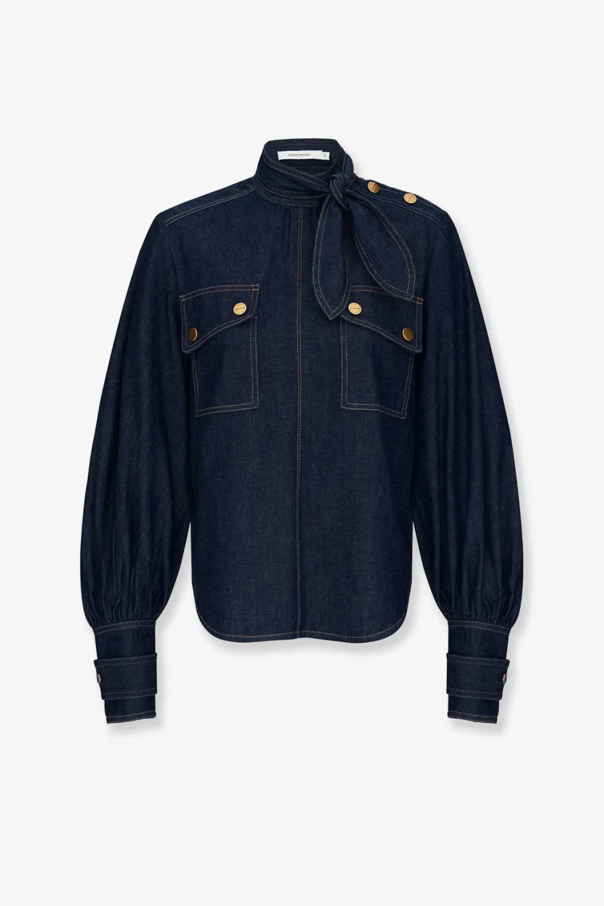 Zimmermann women’s cargo denim shirt in dark blue with gold-tone buttons and tied neck detail made of denim