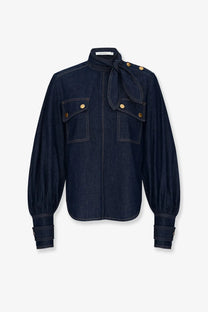 Zimmermann women’s cargo denim shirt in dark blue with gold-tone buttons and tied neck detail made of denim
