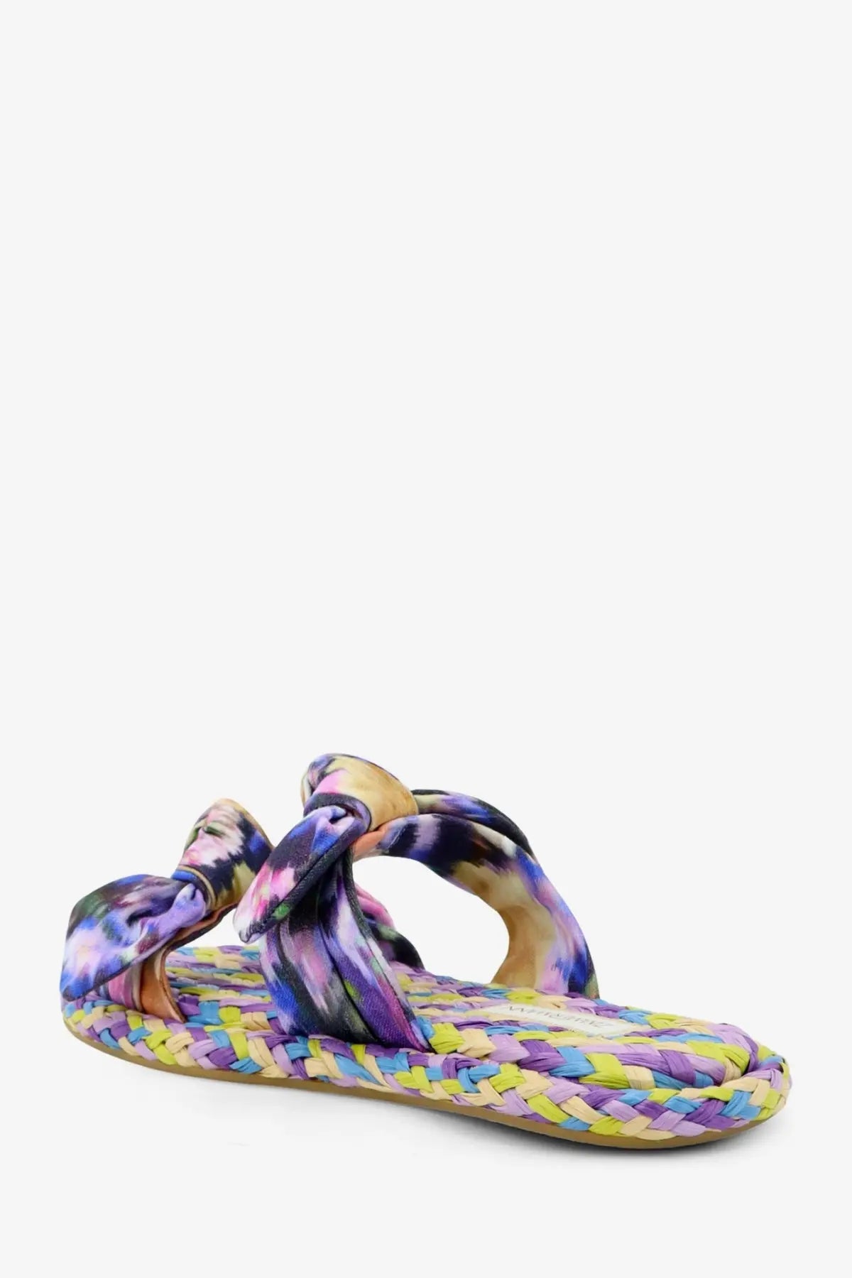 Zimmermann women’s carousel colorful woven espadrille flip-flop with vibrant tie-dye pattern and bow on raffia strap