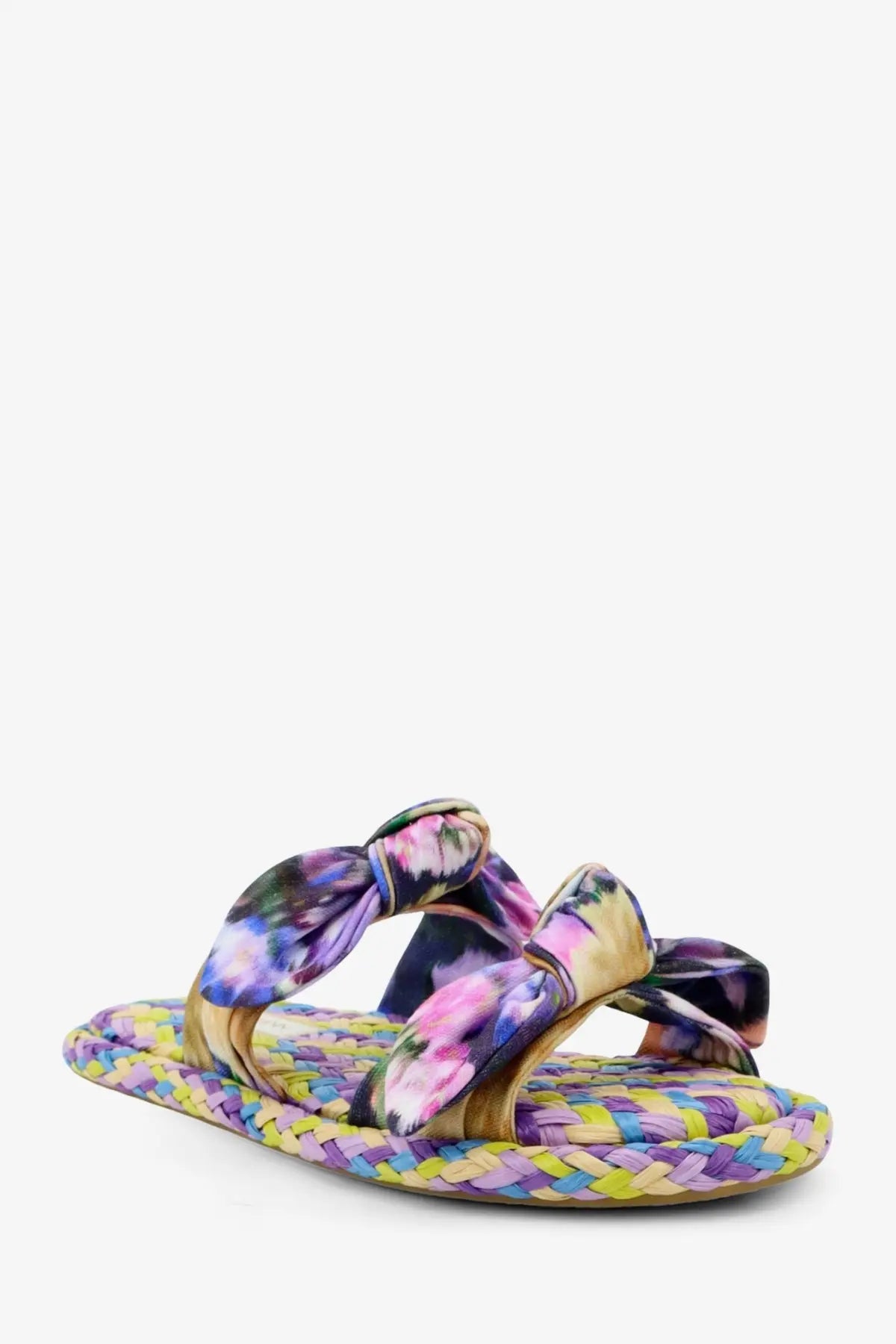 Zimmermann women’s carousel multicolored raffia espadrille sandal with vibrant tie-dye pattern and decorative bow