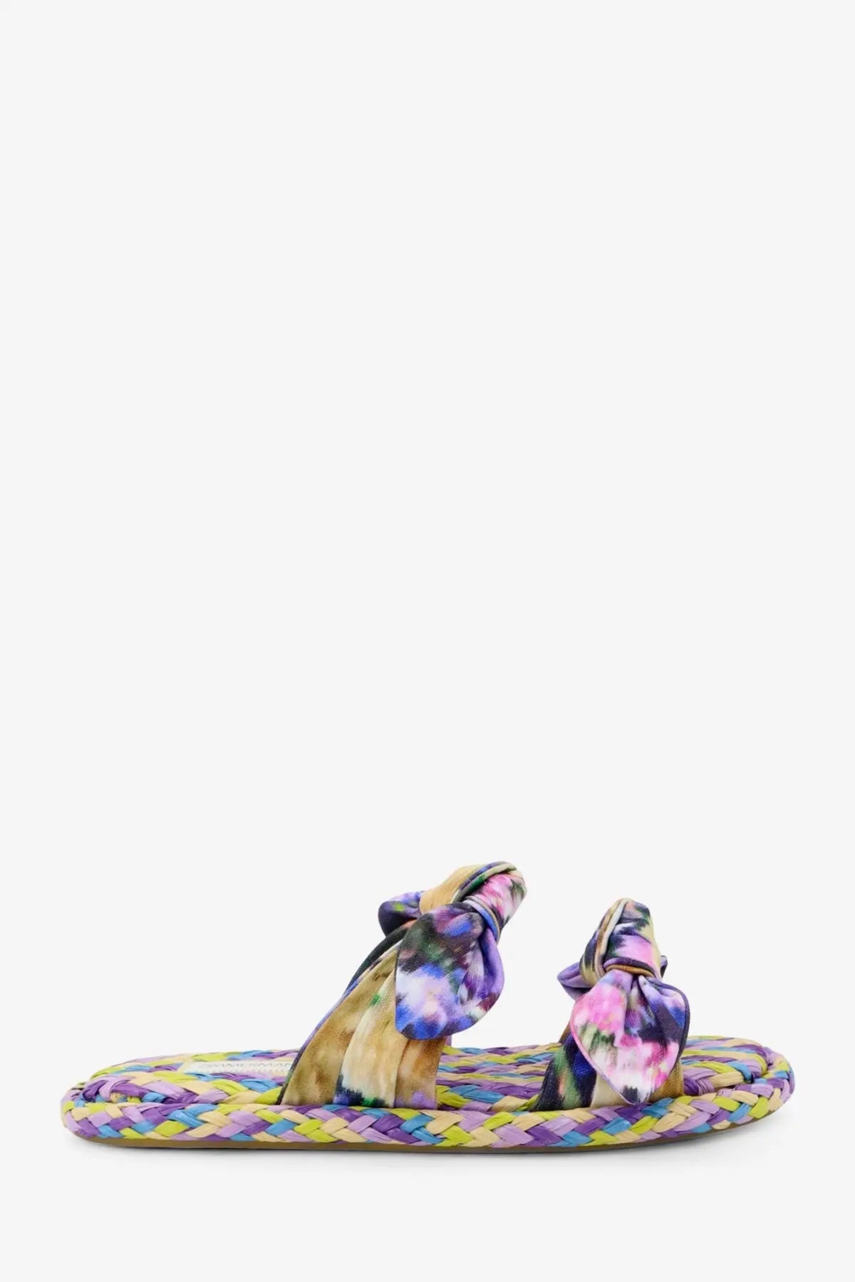Zimmermann women’s carousel multicolored raffia sandals with colorful woven design and vibrant tie-dye fabric bows