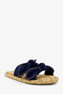 Zimmermann women’s carousel navy blue denim bow slide sandal with woven straw raffia sole