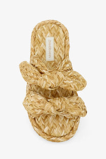 Zimmermann women’s carousel raffia slide sandal in beige with woven straw and knotted bow detail