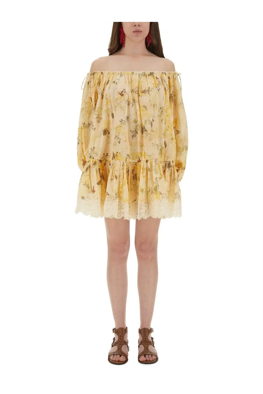 Zimmermann women’s yellow floral off-the-shoulder mini dress with long sleeves and lace-trimmed hem