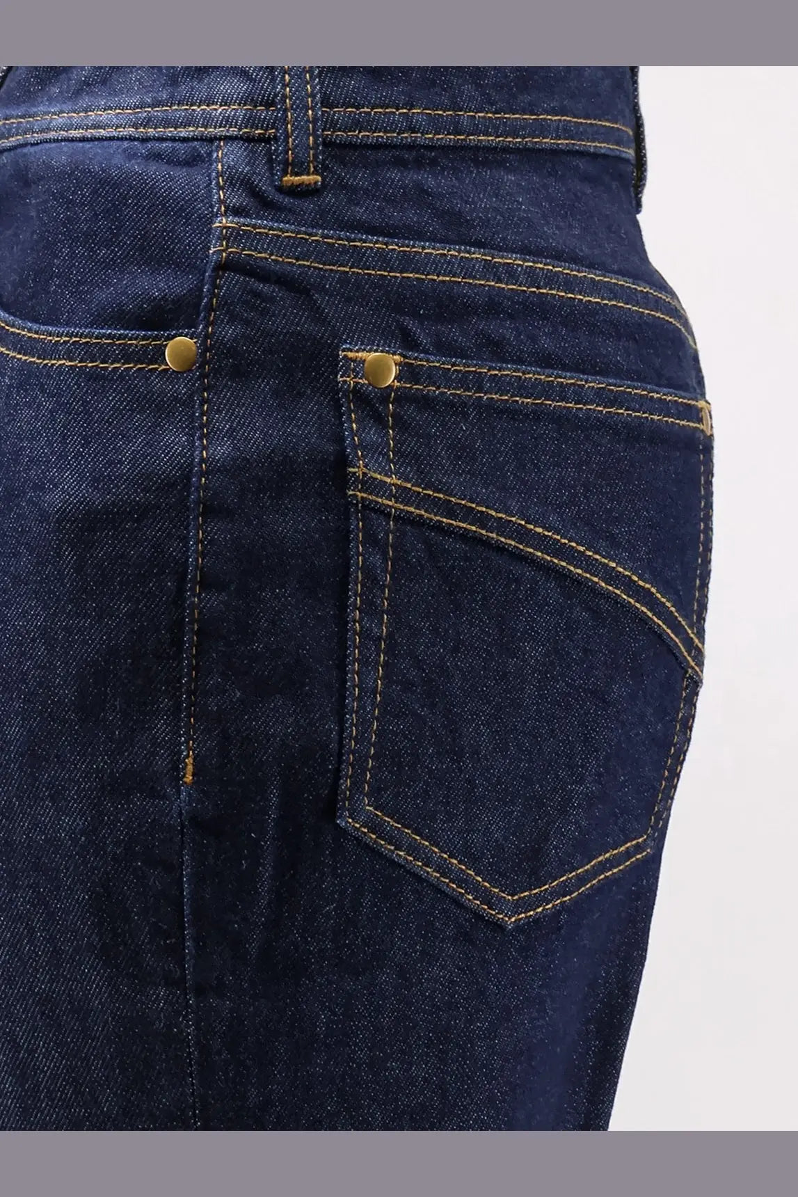 Zimmermann women’s cotton denim flare jeans in dark blue with gold buttons and contrasting yellow stitching