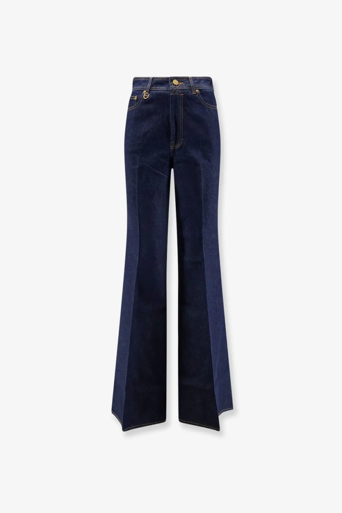 Zimmermann women’s dark indigo cotton denim flare jeans with gold tone hardware in blue color