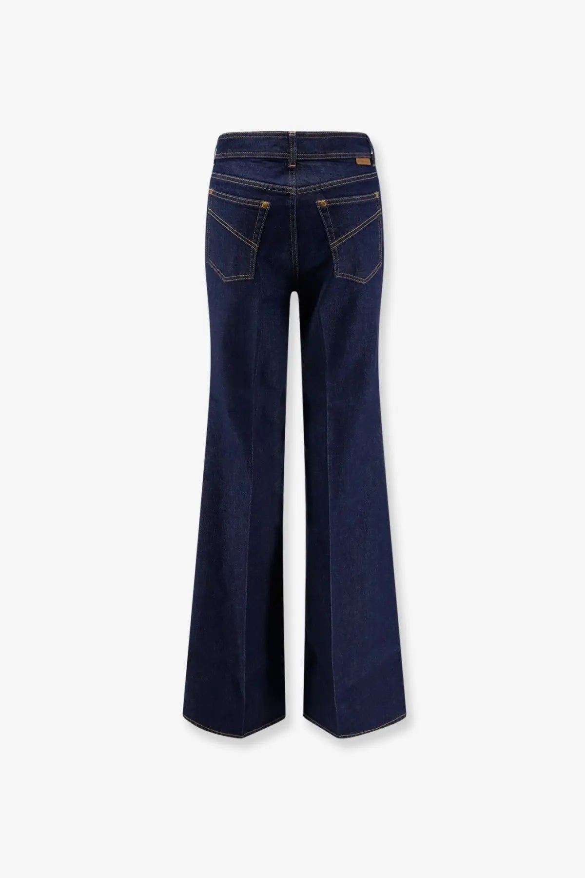 Back view of Zimmermann women’s dark indigo cotton denim flare jeans with gold-tone stitching and classic pockets