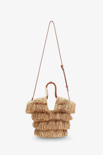 Zimmermann womens golden time crossbody bag in beige straw with fringes and brown leather handle and shoulder strap