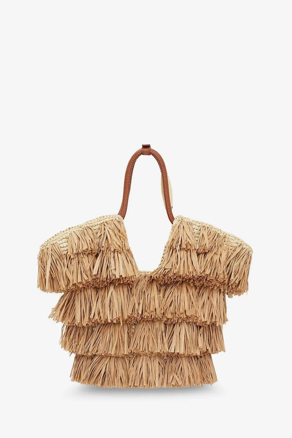 Zimmermann women’s golden time crossbody bag in white with beige straw tote and layered fringe detailing with brown leather handles