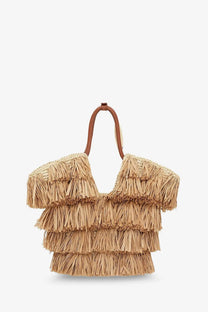 Zimmermann women’s golden time crossbody bag in white with beige straw tote and layered fringe detailing with brown leather handles