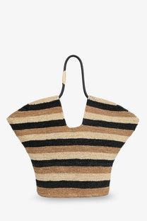 Zimmermann women’s golden time raffia shoulder bag black woven straw tote with black beige and tan horizontal stripes