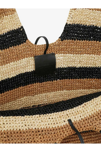 Zimmermann women’s golden time raffia shoulder bag in woven straw with black beige and tan horizontal stripes