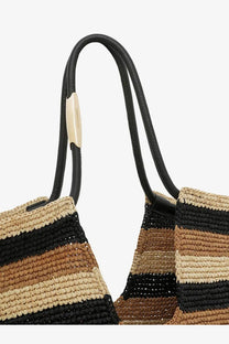 Zimmermann women’s golden time raffia shoulder bag with black beige brown woven stripes and black leather handles