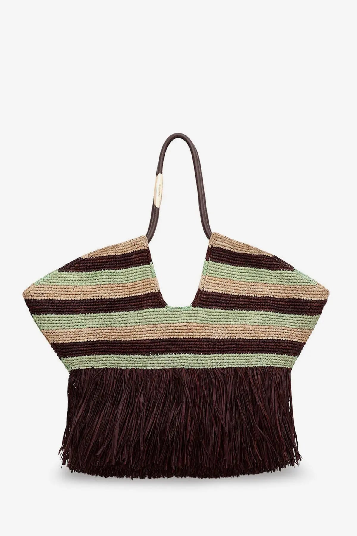 Zimmermann women’s golden time woven raffia tote bag with green brown beige stripes and dark brown fringe bottom