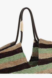 Zimmermann women’s golden time rafia shoulder bag bronze with woven tote design in beige brown green and black leather handles