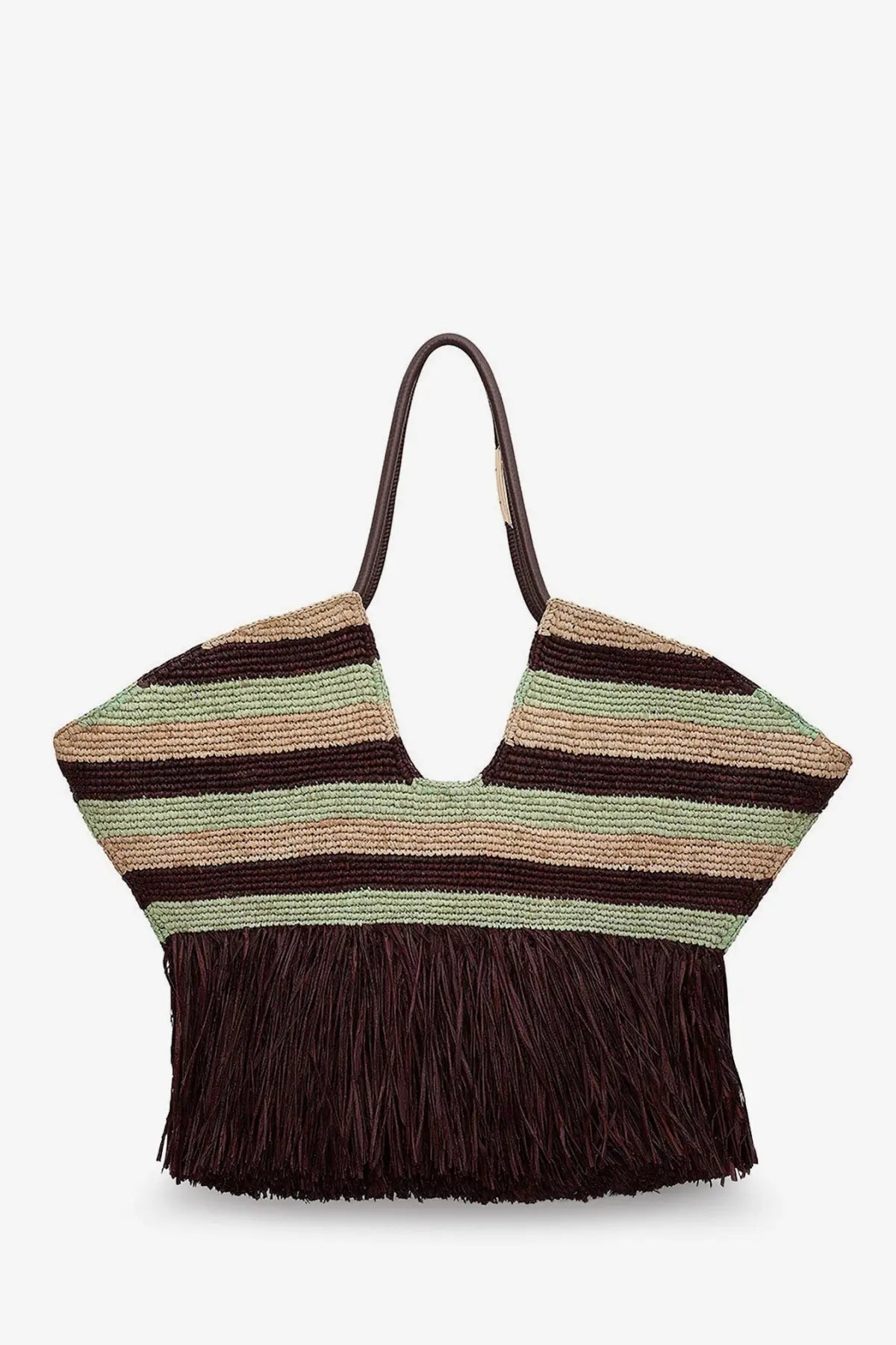 Zimmermann women’s golden time rafia shoulder bag bronze woven tote with olive green tan and dark brown stripes and fringe detail