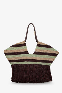 Zimmermann women’s golden time rafia shoulder bag bronze woven tote with olive green tan and dark brown stripes and fringe detail