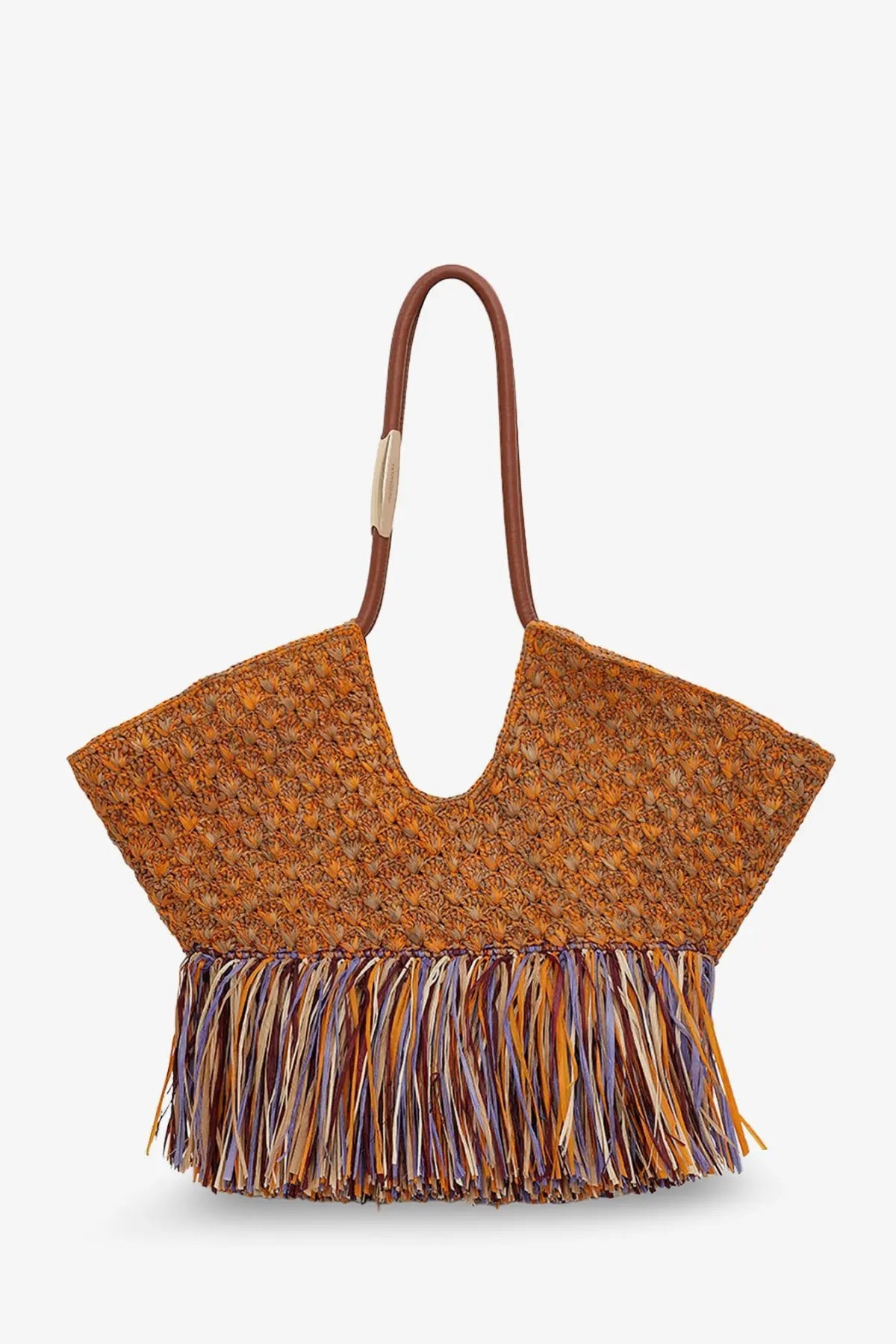 Zimmermann women’s golden time brown raffia shoulder bag with tan straw weave curved leather handle and colorful fringe trim