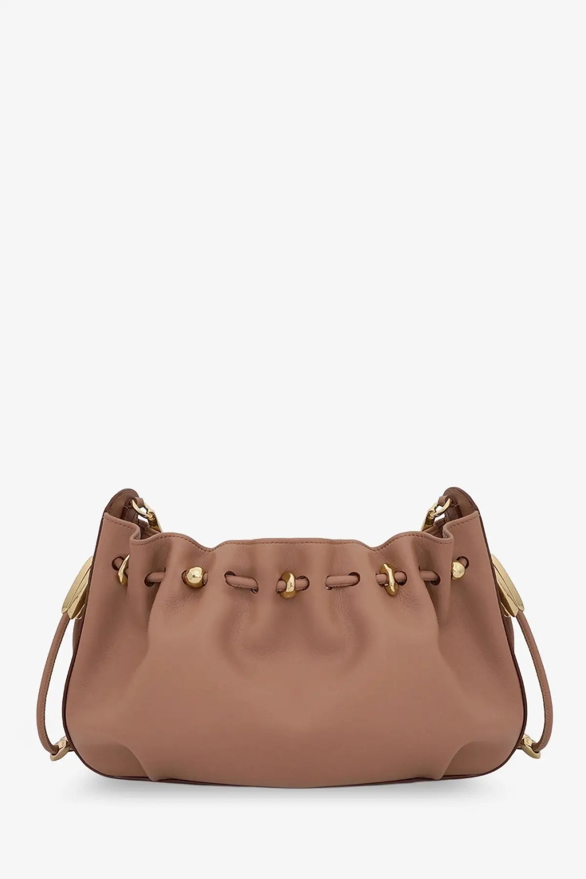 Zimmermann women’s halcyon taupe leather crossbody bag with gold hardware and drawstring closure beige clutch
