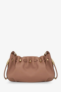 Zimmermann women’s halcyon taupe leather crossbody bag with gold hardware and drawstring closure beige clutch
