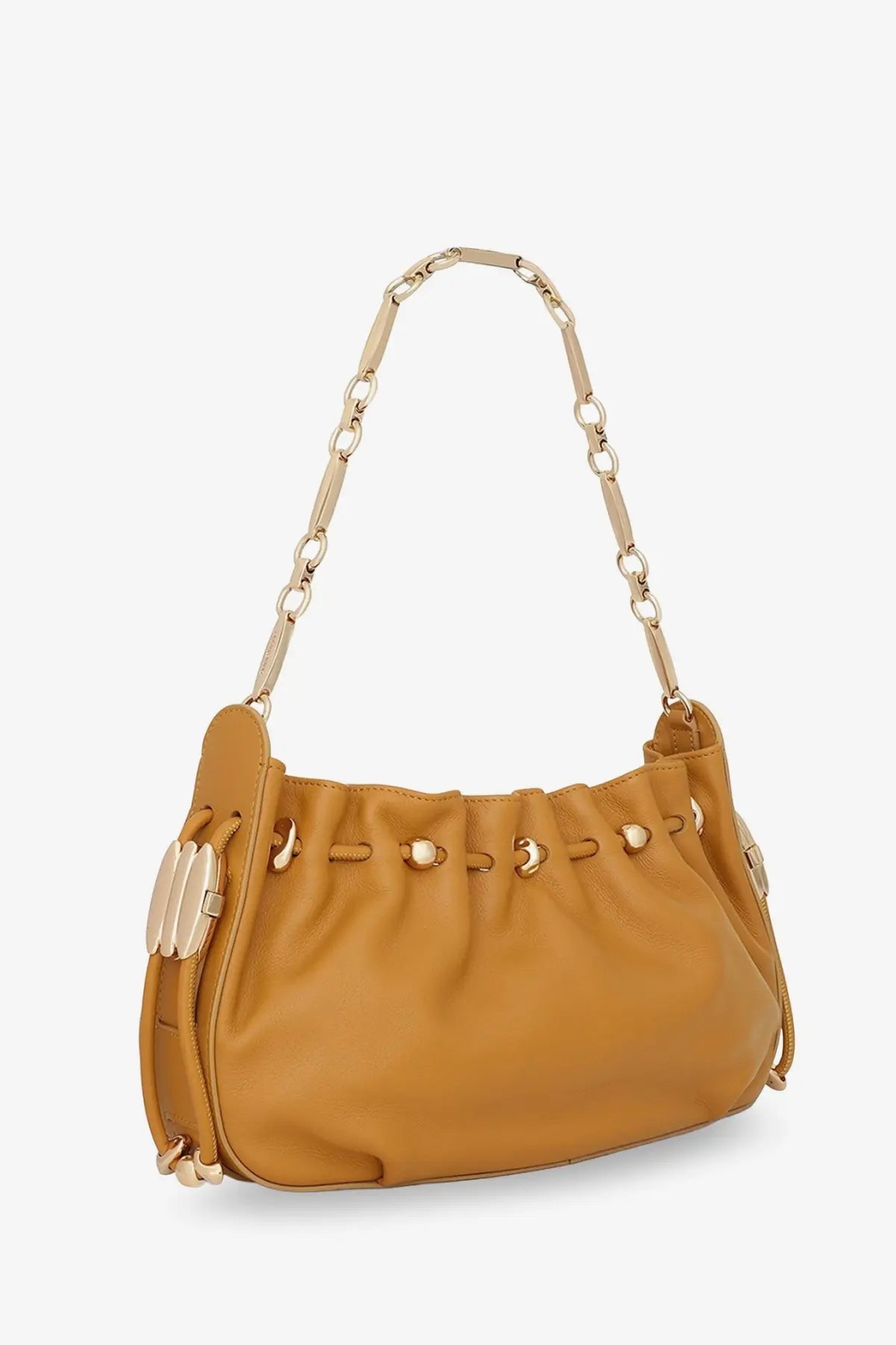 Tan leather shoulder bag with gold-tone chain strap and decorative metal accents from Zimmermann women’s collection
