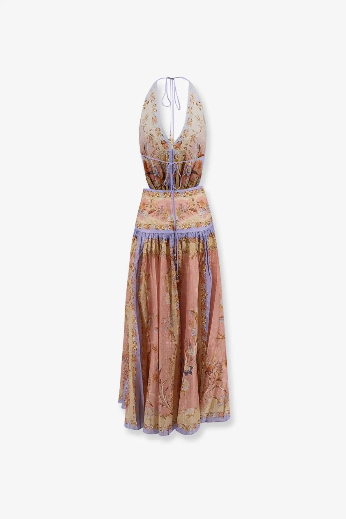 Zimmermann women’s indra halter neck maxi dress in peach and lavender floral cotton and silk blend