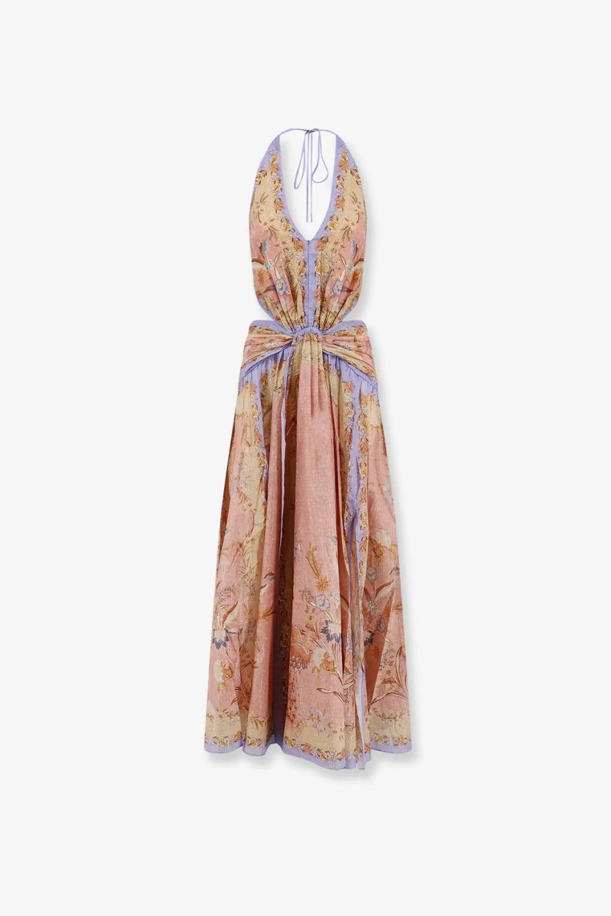 Zimmermann women’s Indra cotton and silk long peach maxi dress with floral pattern, lavender trim, halter neckline, and gathered waist