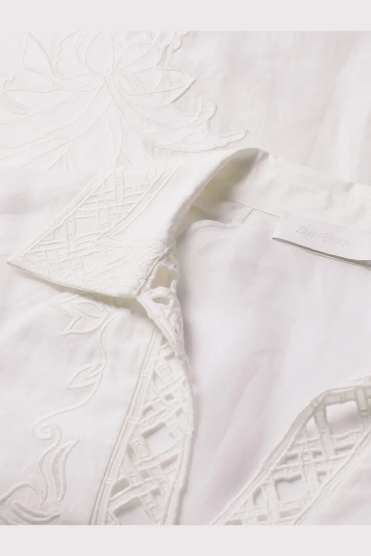 Zimmermann women’s indra long ramie dress white with embroidered floral patterns and lace detailing on blouse front