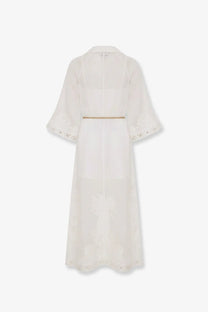 Zimmermann women’s indra long ramie dress white flowing off-white with lace trim and subtle embroidery on front