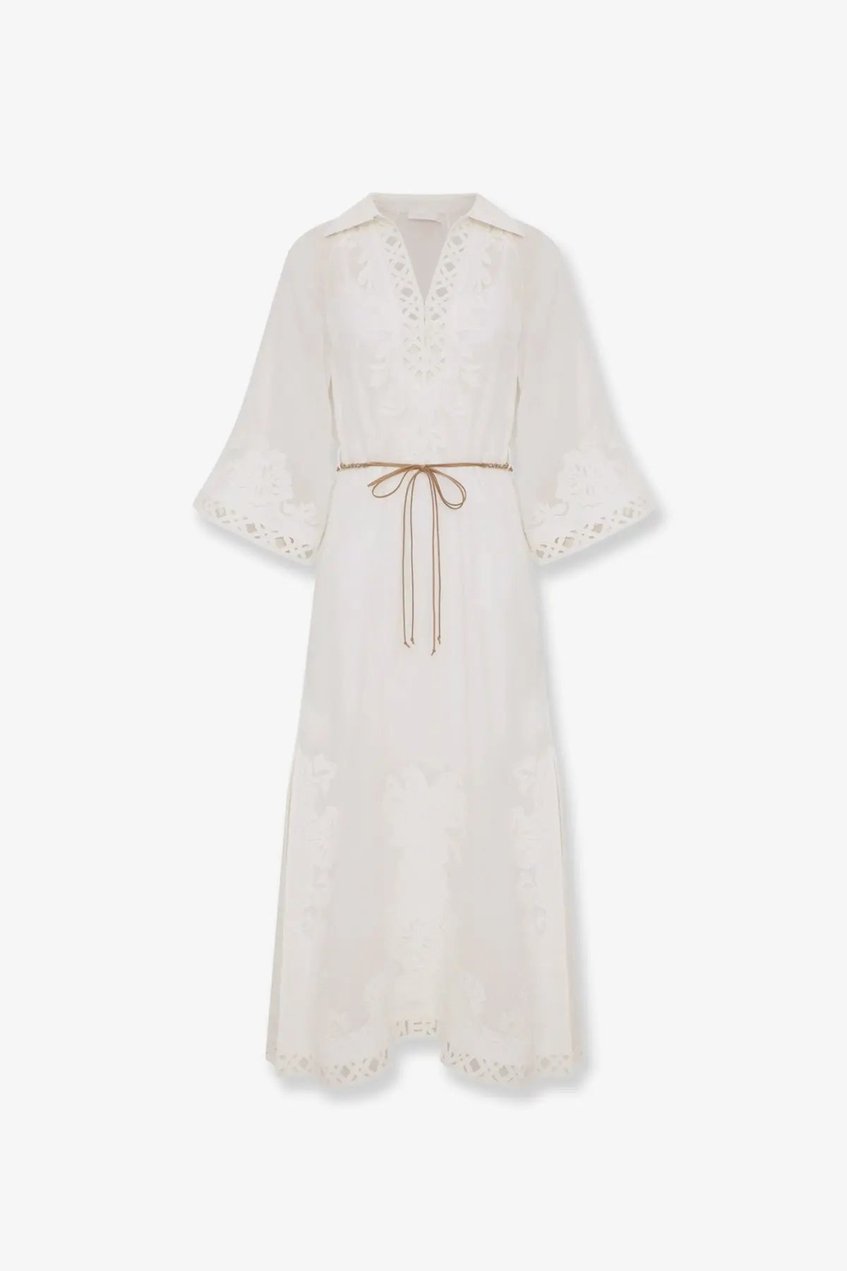 Zimmermann women’s Indra long ramie dress white flowing off-white linen with lace neckline sleeves hemline and brown drawstring belt