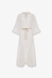 Zimmermann women’s Indra long ramie dress white flowing off-white linen with lace neckline sleeves hemline and brown drawstring belt