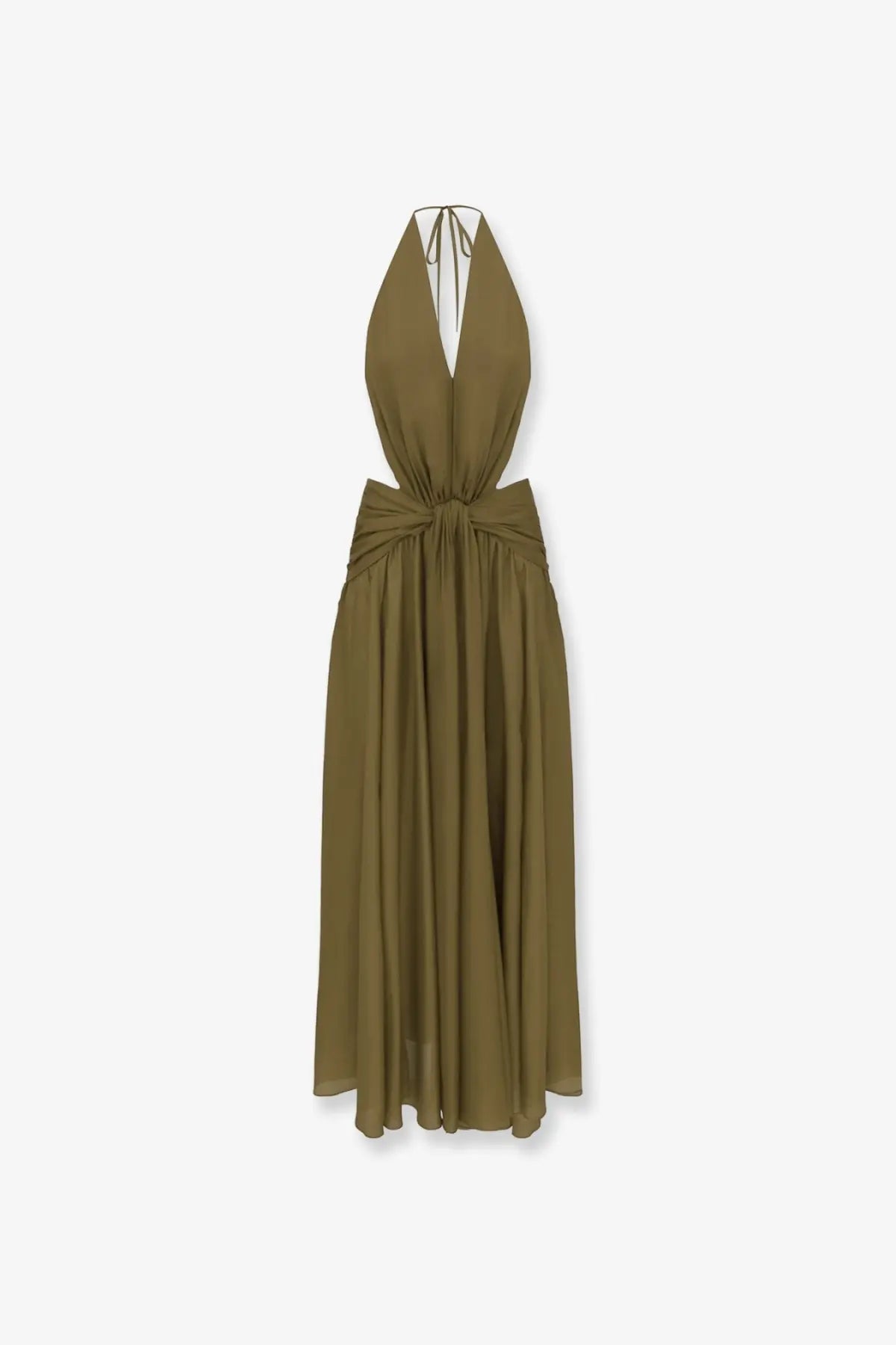 Zimmermann women’s indra silk olive green halter-neck maxi dress with draped waist and tie-back neckline shown from back