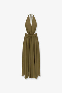Zimmermann women’s indra silk olive green halter-neck maxi dress with draped waist and tie-back neckline shown from back