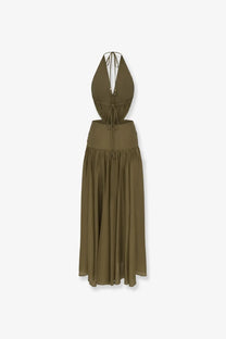 Zimmermann women’s indra silk dress in olive green features a halter neck with fitted waist and flowing maxi skirt