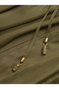 Olive green drawstring with metallic gold toned toggles on the back of zimmermann women’s indra silk dress green