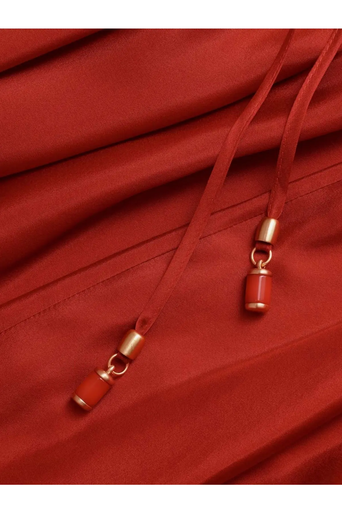 Red cylindrical coral beads with gold-toned caps on red satin cords from zimmermann women’s indra silk dress red
