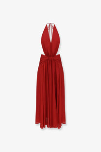 Zimmermann women’s indra silk dress red flowing halter-neck maxi with deep v-back and cinched waist tied in fabric back view