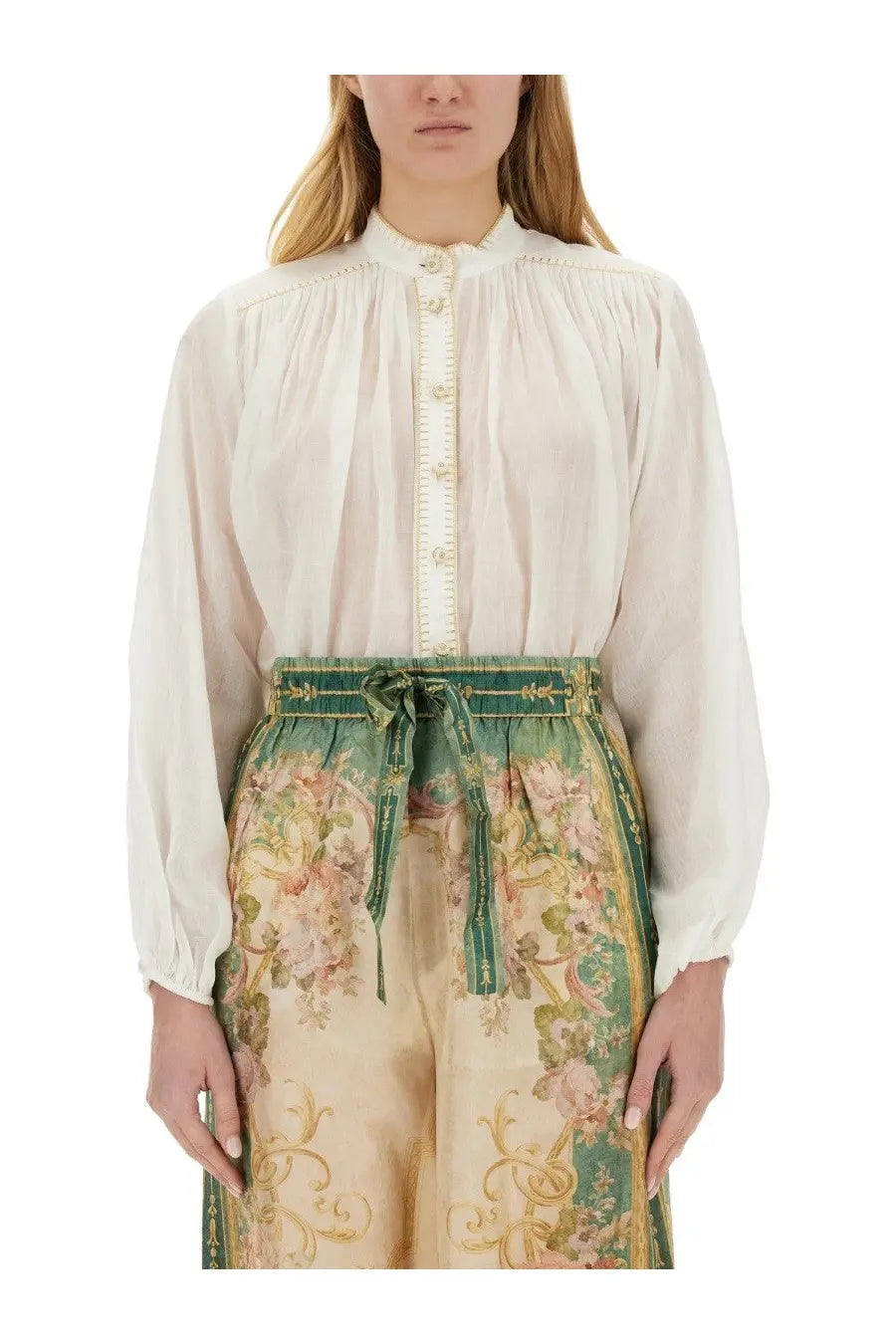 Zimmermann women’s Junie Billow cream blouse with long sleeves high collar and gold-toned buttons down the front