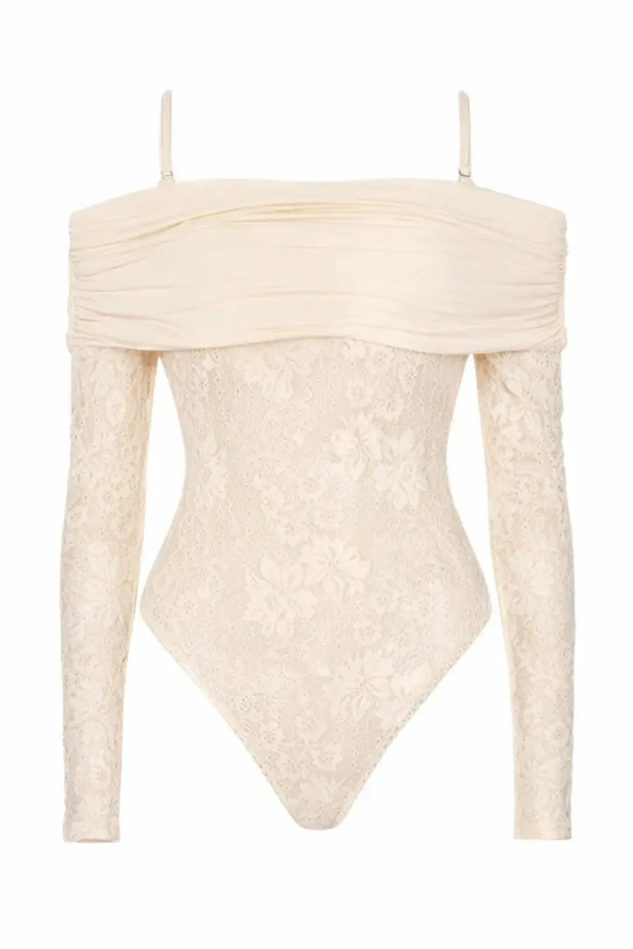 Zimmermann women’s cream lace bodysuit rebellion white with off-the-shoulder ruched detailing and long sleeves
