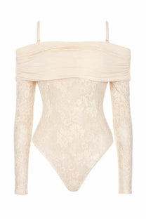 Zimmermann women’s cream lace bodysuit rebellion white with off-the-shoulder ruched detailing and long sleeves