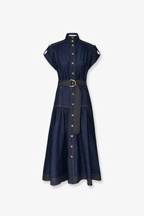 Zimmermann women’s long denim dress in blue with high collar button-front closure and matching belt