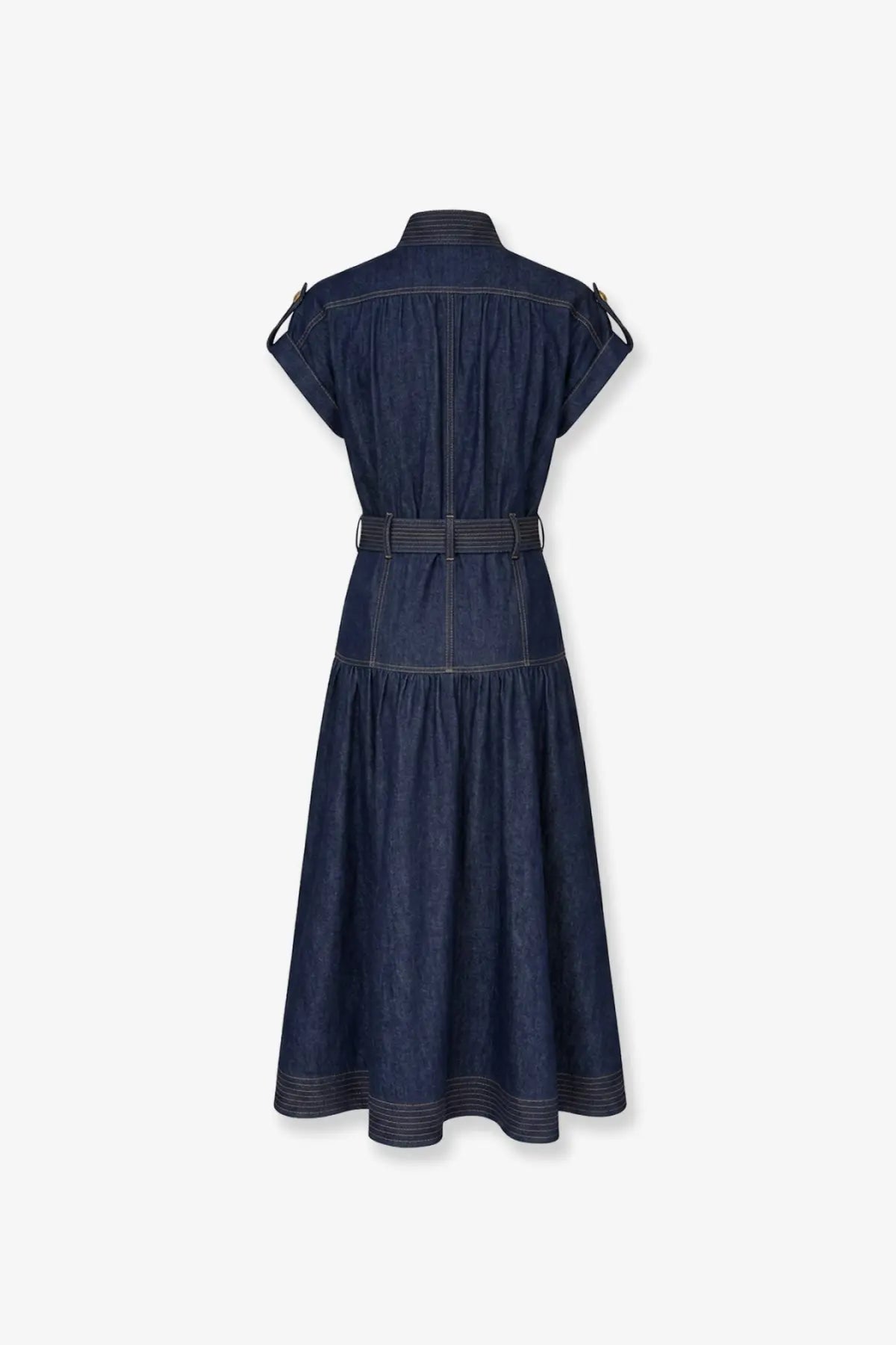 Zimmermann women’s long blue denim dress with short sleeves, belted waist, and contrasting stitching details
