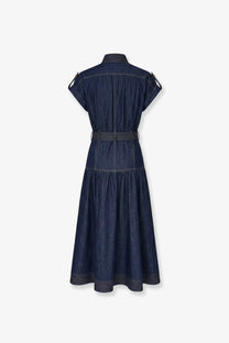 Zimmermann women’s long blue denim dress with short sleeves, belted waist, and contrasting stitching details