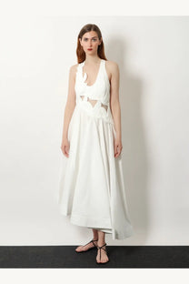 Zimmermann women’s luna applique white cotton maxi dress with flowing halter neck and layered ruffled bodice