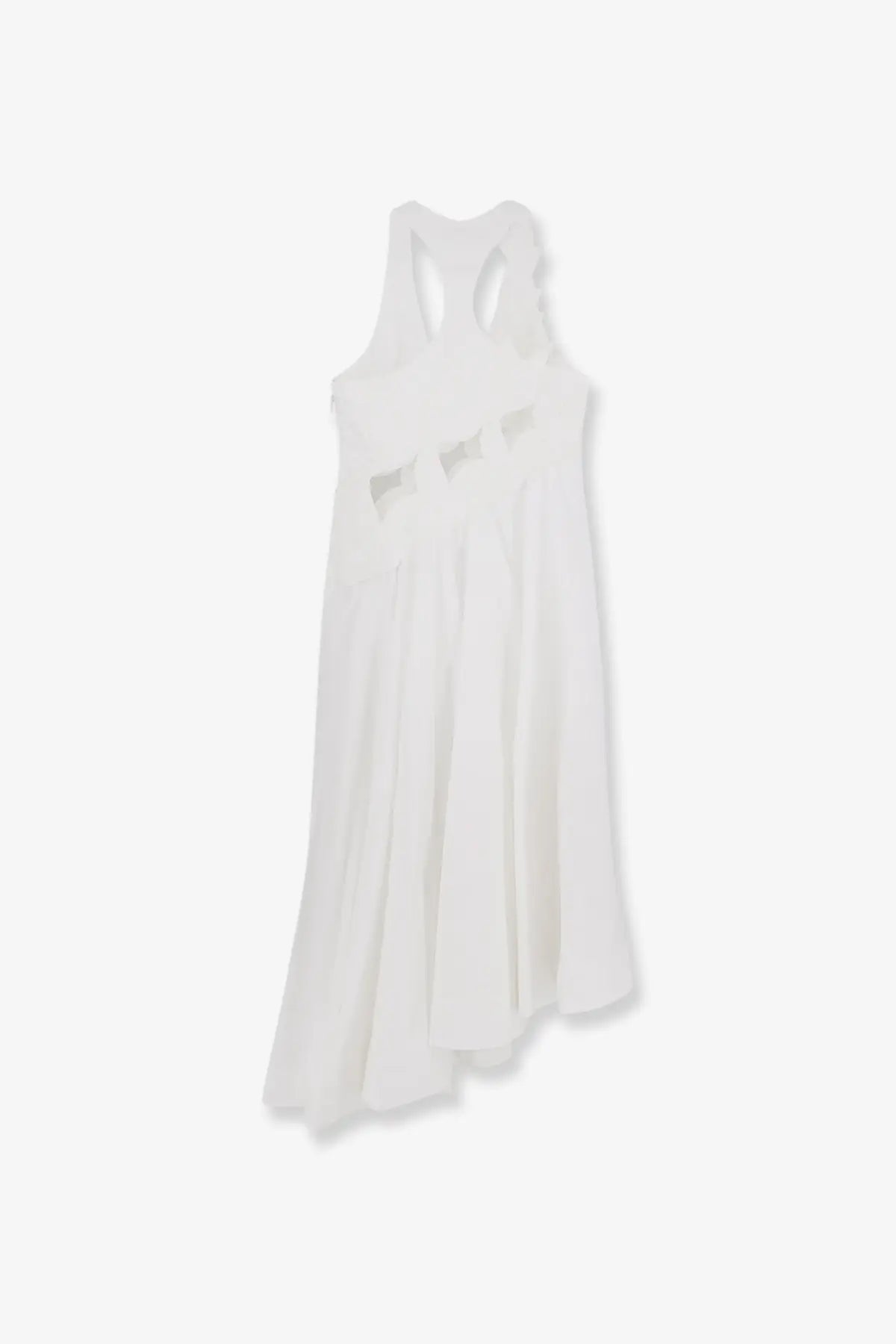 Zimmermann women’s luna applique cotton dress white with flowing racerback and asymmetrical hemline shown from back
