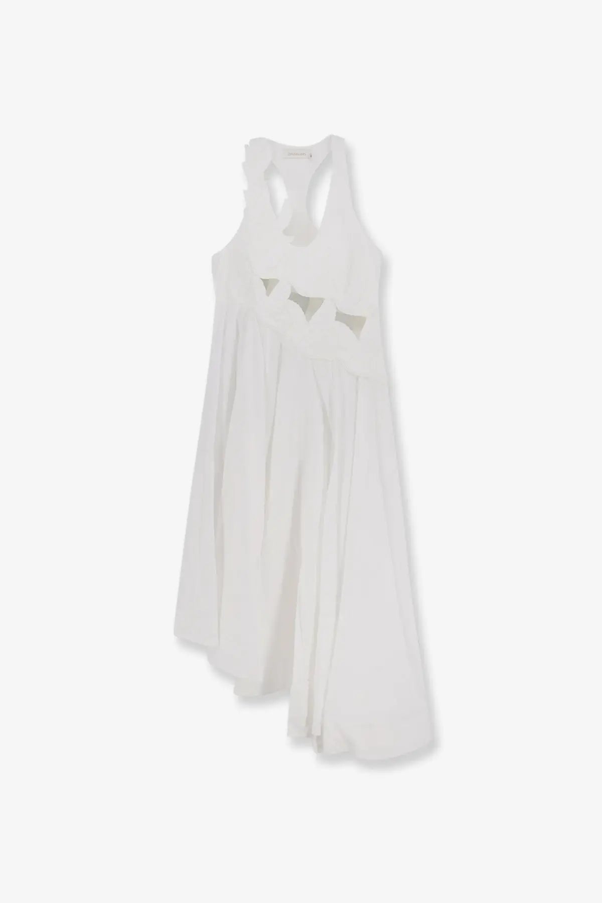 Zimmermann women’s luna applique white cotton sleeveless dress with ruffled neckline and side triangular cutouts