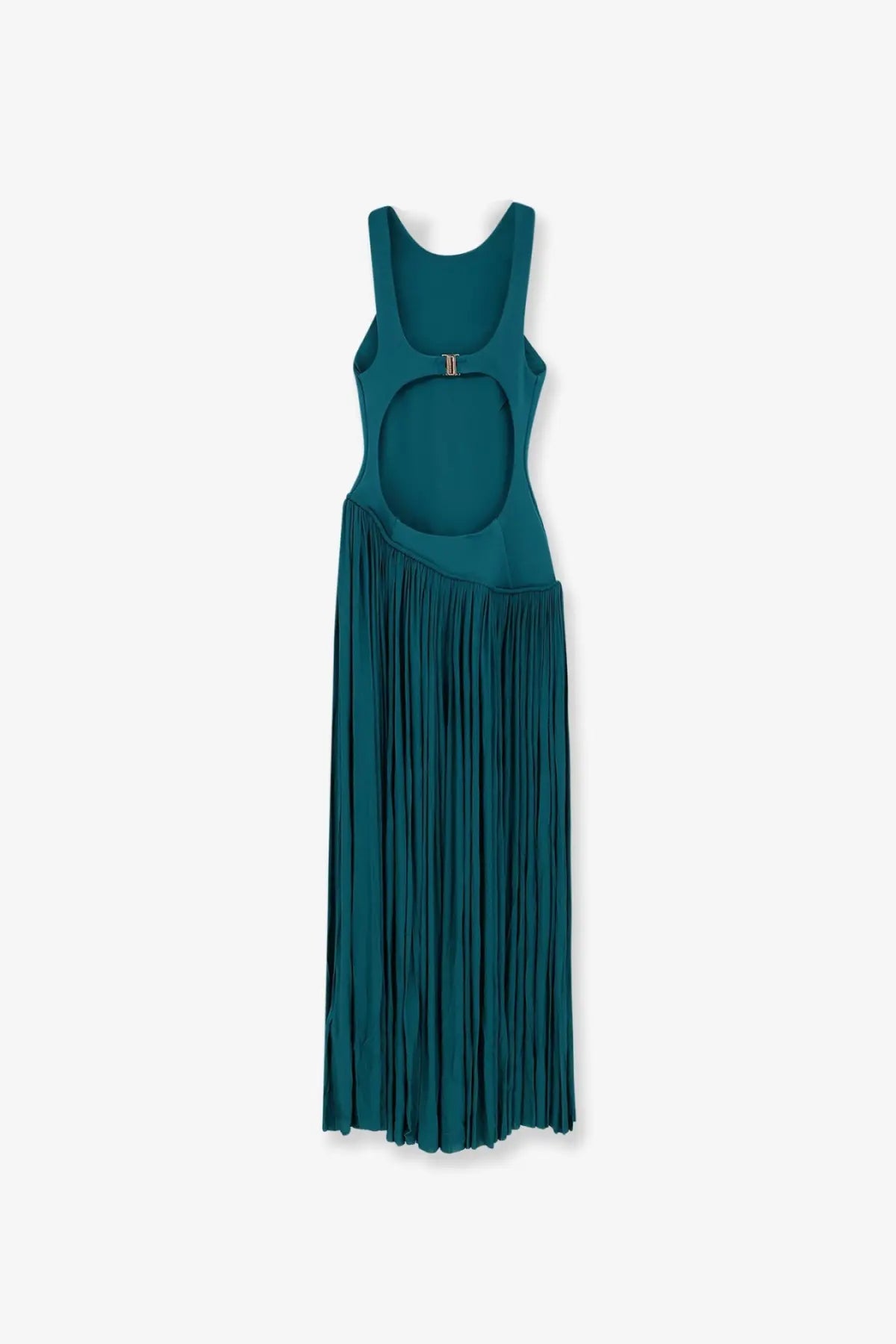 Back view of Zimmermann Womens Luna asymmetric blue jersey dress featuring a teal sleeveless design with circular cutout and pleated skirt