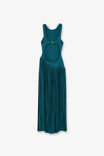 Back view of Zimmermann Womens Luna asymmetric blue jersey dress featuring a teal sleeveless design with circular cutout and pleated skirt